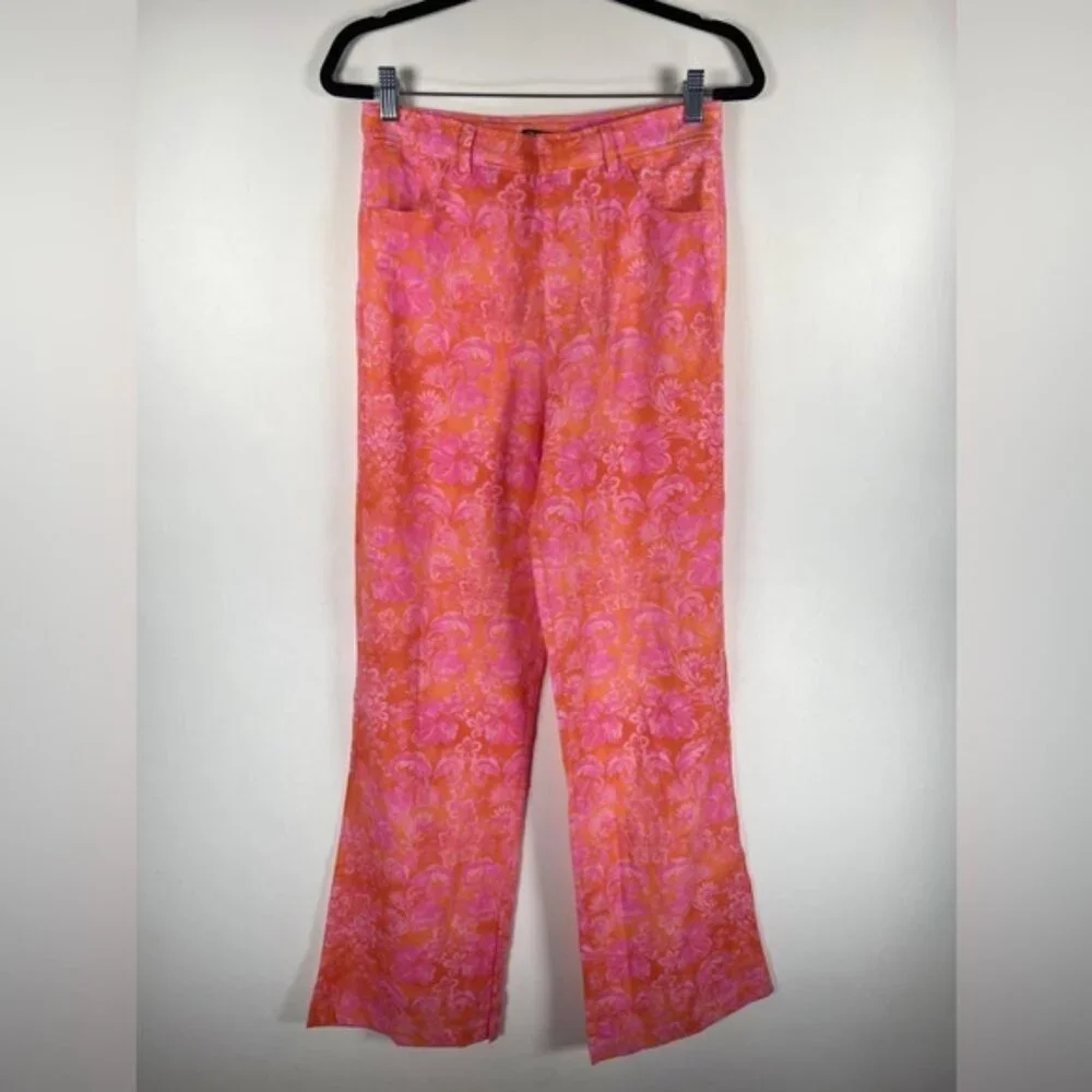 NWT ZARA LINEN Blend Trousers High Rise Straight Floral Pants‎ 8042/010 Sz S